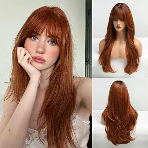 HAIRCUBE Long Auburn Parrucca con Bangs Layered Curly Orange Parrucche per Donne Parrucche Sintetiche Naturali per Uso quotidiano (pelucas de cabello naturale)
