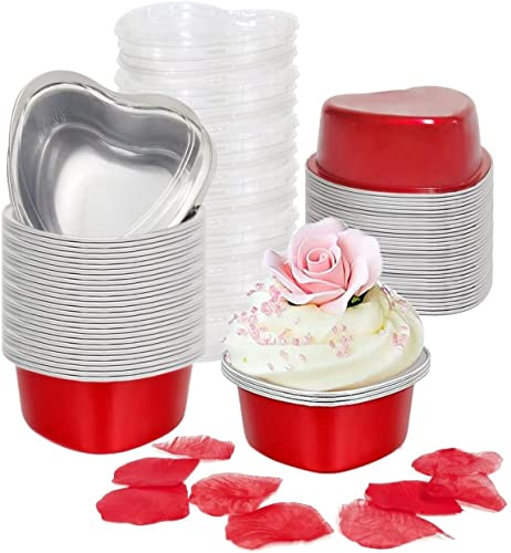 Pentole per torte a forma di cuore con petali rossi, 50 set di tazze in alluminio per cupcake con coperchi, 100 ml, colore: rosso usa e getta, mini padelle in alluminio per San Valentino, matrimoni