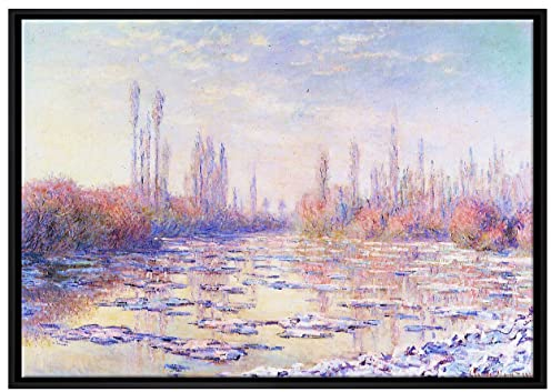 Pixxprint Claude Monet - Eisgang auf der Seine Leinwandbild 100x70 cm im Bilderahmen, Wandbild, Schattenfugenrahmen, Kein Poster