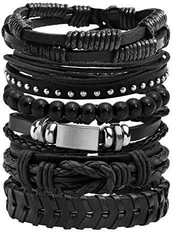 JJDreams 6PCS Punk Armband Herren Armbänder Set Schwarz lederarmband Gothic Geflochtene Armreif Leder