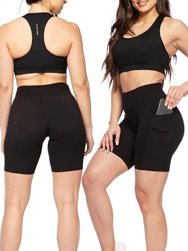 SATINA Biker Shorts for Women – High Waist Yoga Bottoms with Pockets, Buttery Soft 8-Inch Fit – Stretchy, Breathable Tummy Control Workout Shorts for Regular & Plus Sizes – Black, X-Large Activewear
