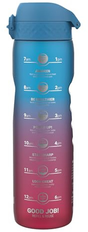 Ion8 Borraccia 1 Litro con Orari per Bere, a Prova di Perdite, Facile da Aprire, Serratura Sicura, Maniglia per il Trasporto, Lavabile in Lavastoviglie, Palestra e Fitness,Blu e Rosa