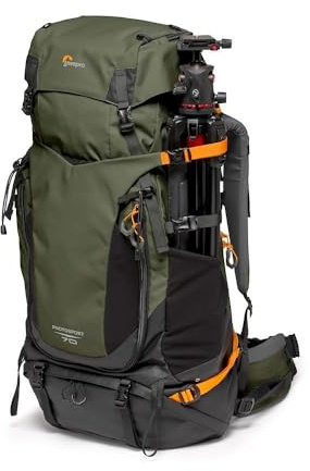 Lowepro PhotoSport PRO BP 70L AW IV med återvunnet tyg, ryggsäck för spegellös/spegelreflexkameror, åtkomst fram/bak, avtagbar kamerainsats, tillbehörsremmar, storlek M/L, mörkgrå/grön
