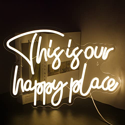Looklight This is Our Happy Place Neon Sign Warm White Neon Signs for Wall Decor, Letter Light Sign Happy Place Light Up Signs for Bedroom Kids Room Home Bar Birthday Wedding Party Game Room