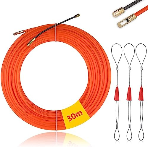 Mis.Moon Sonda Elettricista 30M, Sonda Passacavi, Sonda Tiracavi con 3 Molla di Guida, Sonda Spiralata Acciaio Inox, Sonda Tiracavi Cavo, Ø 4 mm (Arancione)