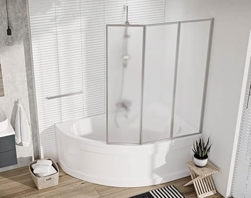Faltwand Badewannenfaltwand Badewannenabtrennung Duschabtrennung Kunststoffglas Tropfendekor Edle Silberne Profile 120cmx140cm BxH 3teilig Silbern