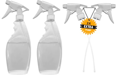 500ml Pack of 2 - PET Pastic Spray Bottles -With 2 replacement triggers| Highly Durable Ergonomic Design, Leak Proof Clear Bottles for Kitchen Cleaning, Gardening, Disinfecting, Hair.