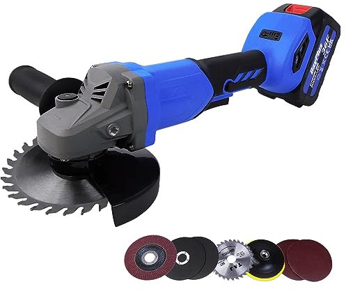 Sistema Smerigliatrice Angolare a Batteria, Mototroncatrice 10000RPM con 3 Velocità, 2 Mole da 115 mm, Perfetta per Levigare e Lucidare, batteria agli ioni di litio da 6,0 Ah