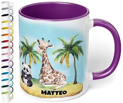 Kinder-Tasse mit Namen „Dschungel – Keramik-Tasse mit Dschungeltieren personalisiert – Kinderbecher Namenstasse für Jungen & Mädchen - schönes Geschenk & Mitbringsel Geburtstag (Violett)
