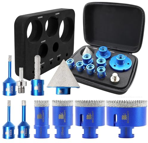 Diamond Core Drill Bit Set- BRSCHNITT 10pcs 6/6/8/25/35/50/68mm Tile Hole Saw Kit Diamond for Porcelain Tile Ceramic Marble Granite Drilling,Finger Chamfer Bit M14 thread