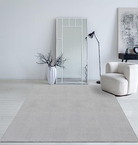 Mia´s Teppiche Taos – kuscheliger Kurzflor Teppich in Felloptik, super Soft & waschbar bis 30°C, mit Anti-Rutsch-Unterseite, Wohnzimmer & Schlafzimmer, Made in Türkiye, Grau, 160 x 220 cm