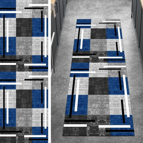 Ymural Teppichmatten Teppich Läufer Flur Waschbar Patchwork 40x250CM Blau Grau Kücheläufer rutschfest Meterware Teppichläufer Lang Kurzflor Polyester Korridor