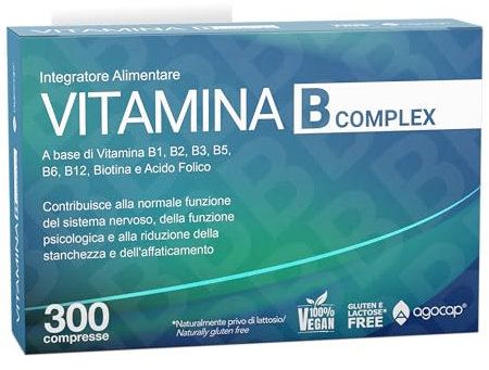 Vitamina B Complex - Alto Dosaggio 300 microcompresse di Vitamina B + PABA, Confezione Tascabile. Complesso Vitamina B1, B2, B3, B5, B6 con vitamina B12 e Acido Folico. Vitamine B e Biotina. Agocap