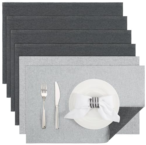 Banchif Tischsets abwaschbar doppelseitig Platzset Platzdecken abwaschbar | Platzsets abwaschbar Leinenimitat 6er Set doppelseitige Tischsets maschinenwaschbar rechteckig Platzdecken (HellGrau-Grau)