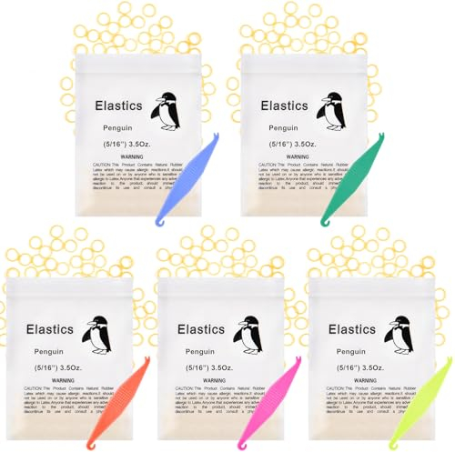 OFFCUP Elastici Ortodontici, 500 pcs Elastici in Gomma Ortodontica, Elastici Dentali Ortodontici, Elastici Multiuso, 5 Posizionatori da Apparecchio per Gli Elastici (Pinguino da 16/5 Pollici)