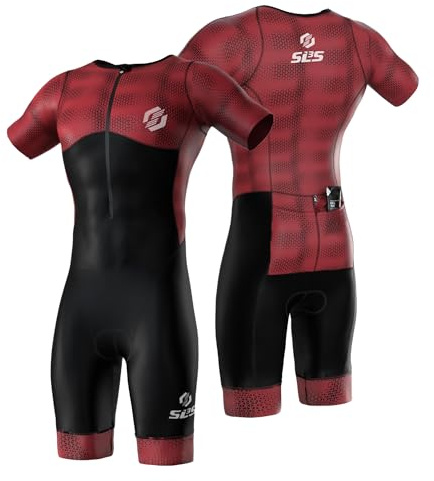 SLS3 Triathlon Anzug Herren - Trisuit Einteiler – Triathlonanzug - Triathlon Einteiler - Aerodynamischer Kurzarm Trisuit, (Claret Blur, M)