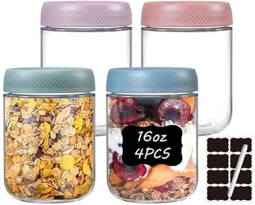 twoant Lot de 4 Bocaux en Verre de 500ml avec Couvercles Hermétiques D'avoine de Nuit pour Yaourt Céréales Porridge avec Autocollants et Marqueur