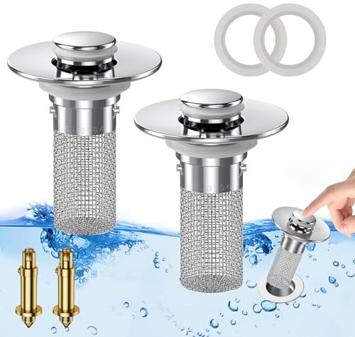(2PCS) Bathroom Sink Drain Strainer, Pop-up Sink Drain Strainer with Removable Stainless Steel Strainer Basket Hair Catcher, Bathroom Sink Strainer for Bathroom Sink Stopper Replacement