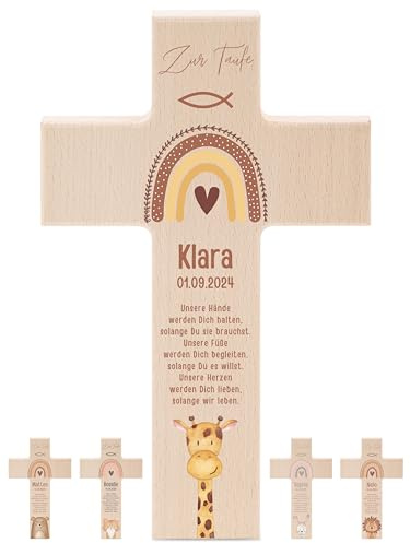 wunderwunsch - Personalisiertes Taufkreuz mit hochwertigem Spezial-Druck aus massivem Buchenholz - Taufe Geschenk - Holzkreuz Taufe (Giraffe)