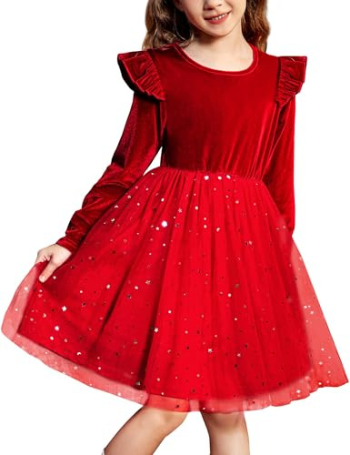 Arshiner Abito in Velluto per Ragazze Abito in Tulle Abiti da Festa per Bambini Girocollo Abito Casual Abito a Maniche Lunghe Abito Rosso di Natale Abito da Ballo Bambini Glitter 2-3 Anni