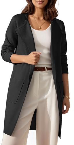 Timuspo cardigan dam lång öppen front coatigan enfärgad tröja kofta draperad ledig elegant höst vinter stickad kappa med fickor, svart, M