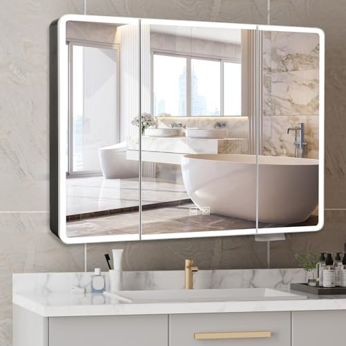 Buildonely Spiegelschrank Bad mit Beleuchtung, 90 x 70 cm Spiegelschrank Bad mit Antibeschlag-Funktion, Touchscreen-Steuerung, Schwarz, Aluminiumlegierung, Fertig Montiert