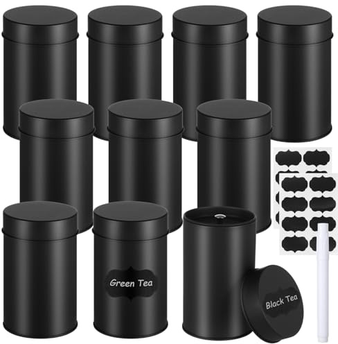 Tideme 10 PCS Tea Tin Canisters, 16oz Metal Round Tin Cans, Airtight Lid Double Sealed Tea Canisters with 1 Erasable Chalk Marker and 16 Stickers for Name Marking Info