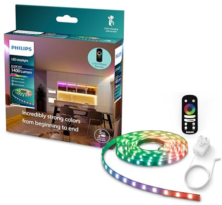 Philips LED Strip Light, 5M, 23.5w, Multi Colour RGBIC and Tunable White, Lighting Scene Effects, Includes Remote Control, Type G Plug