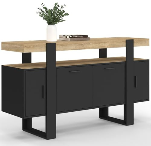 IDMarket - Buffet 140 cm Phoenix 4 Portes Noir avec Plateau Bois