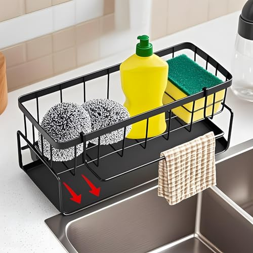 WYTNB Kitchen Sink Organiser, Dishrag Dishcloth Holder Rack for Kitchen | Removable Sink Storage Rack, Sink Caddy with Self Draining Tray, Universal Sink Tidy Organizer, Black Dishcloth Hanger