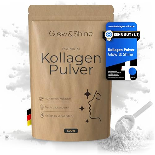 Glow & Shine Kollagen Pulver 500g – Premium Hydrolysat [ABVERKAUF - MHD 29.08.2026] | 100% Rein & Ohne Zusatzstoffe | Geschmacksneutral | Kollagen Peptide Typ 1 & 3 | Perfekte Löslichkeit