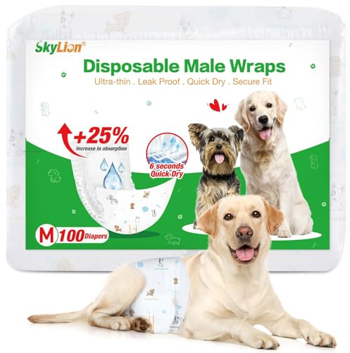 Lot de 100 couches jetables super absorbantes pour chien mâle, anti-fuite, ultra sèches et respirantes, taille M