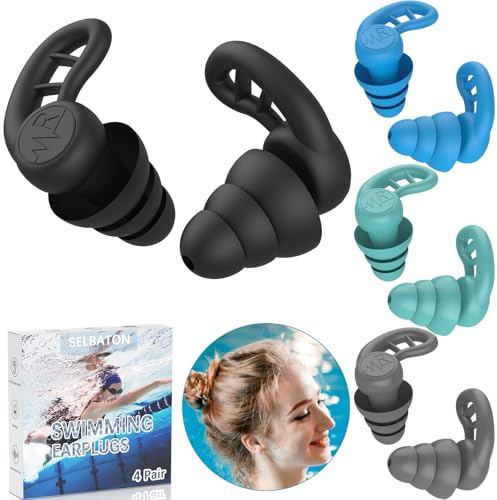 Tapones para los oídos de natación para adultos, 4 pares de tapones para los oídos de silicona reutilizables impermeables para natación, surf, ducha y piscina de agua (Negro, Gris, Azul, Verde)