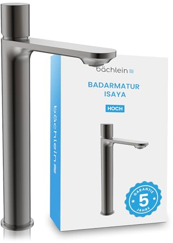 Bächlein Badarmatur Isaya hoch in modernem Design, extra hoher Einhebelmischer für Aufsatzwaschbecken mit Montage-Set, Bad Wasserhahn Anthrazit