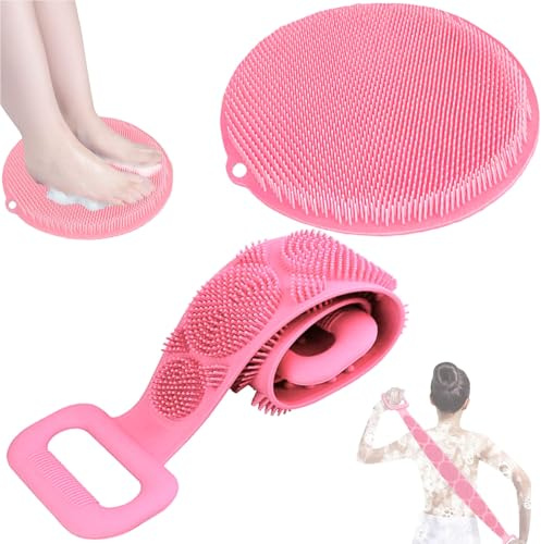 QUPOLPOL Silikon Duschbürsten Set – Rückenschrubber mit Griff + Rutschfeste Fußbürste für Dusche – 2-in-1 Massage- & Peeling-Kit für Körperpflege & SPA-Erlebnis Zuhause (Rosa, Standard)