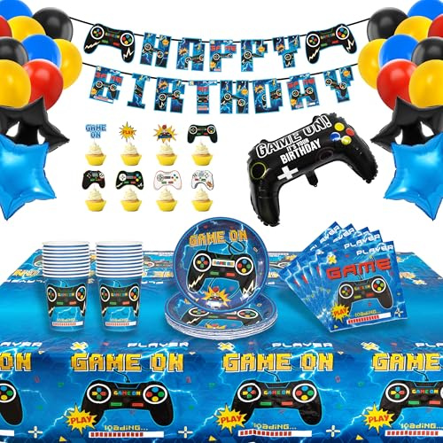 131 Pezzi Forniture per Decorazioni Compleanno Videogiochi, Festa Tema Gamer Stoviglie per Feste di Compleanno, Addobbi Gaming Bambino Include Piatti Tovaglia Tazze per 20 Persone