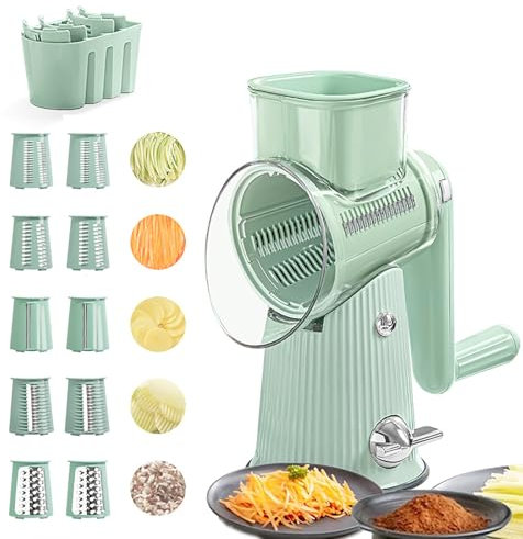 Rotary Cheese Grater - 5 in 1 Vegetable Slicer with Strong Suction Base, Handle, and Storage Box for Carrots, Cheese, and Potatoes