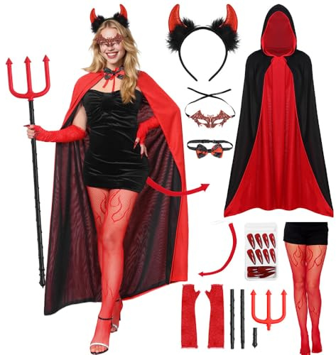Costumi di Halloween per donne adulte, mantello da vampiro, corna da diavolo, forchetta e maschera di Halloween, adesivi per unghie, guanti in pizzo, calze a rete, papillon, coda, accessori per
