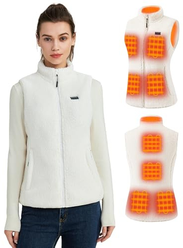Hecusma White Fuzzy Heated Gilet Womens with 16000mAh 7.4V Battery Pack Included, Sherpa Heated Vest Women, Electric Fleece Ladies Heated Gilet for Outdoor Sport-M