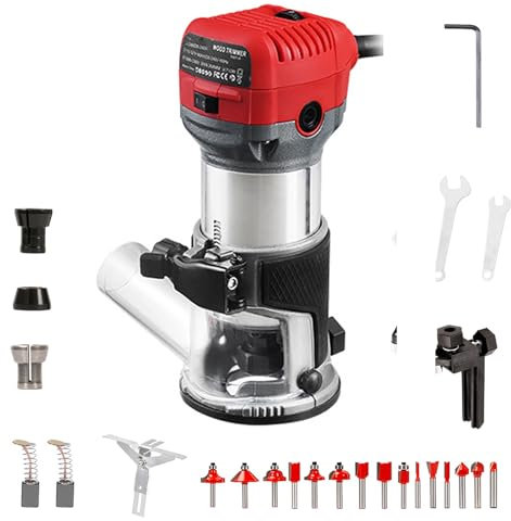 KACBFEE Fresatrice compatta palmare brushless 710W 33.000 Giri/min, Base Fissa per Legno, 15 frese da 1/4, con frese per rifilatura, Guida per Bordi e rulli