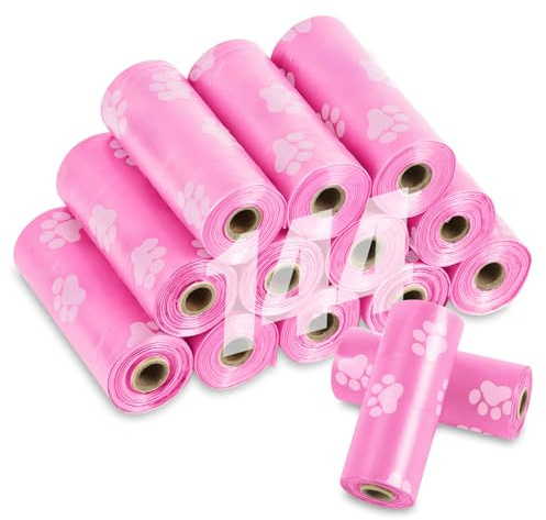 AMFUN 144 PCS/12 Bolsas para Excrementos de Perro, Rosa Roja bolsas para Caca, Bolsa Para Mascotas Excremento Extragruesas, Portátil Poop Bags con Tiene Fragancia, para Exteriores y Caminar