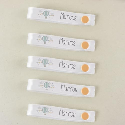 Mi Pipo - Pack 5 Cintas Personalizadas para Colgar Ropa Niños - Globo | Cinta Colgar Ropa Niños con Clip, Nombre Personalizado, Resistentes y Reutilizables | Ideal para Guardería o Cole