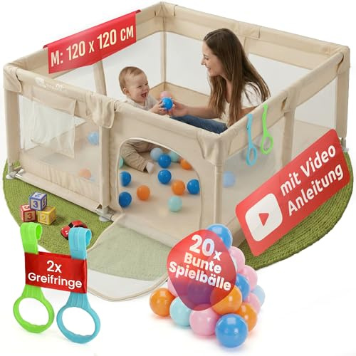 Mallie® Laufstall Baby 120x120cm Beige inkl. Gratis 20 Spielbälle – Laufgitter mit Leinen Gewebe, Playpen, Kinder-Zaun, ställe & Play Pen, 15-Min Aufbau mit Video-Anleitung