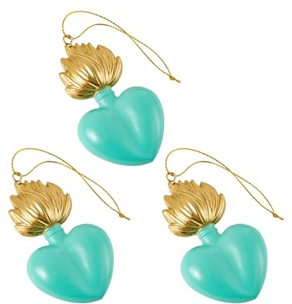 Baroni Home Set 3 Pendenti Sacro Cuore con Fiamma Ex Voto in Resina, Ciondolo Cuore Decorativo Turchese e Oro, Addobbo Natalizio, Decorazione Albero di Natale, Idea Regalo Originale 5x9x1 cm