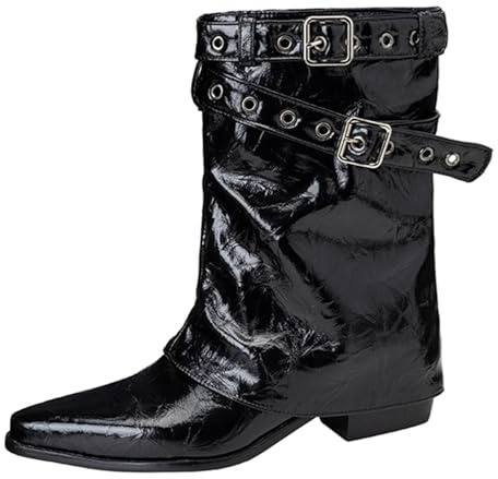 ZaKoonaC Women's Mid-Calf Patent Boots Slip On | 5.5cm Block Heel, Buckle Detail For Retro Style And Winter Fashion