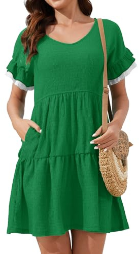Alaster Queen Women’s Summer Casual Babydoll Dress 2026 V Neck Layered Ruffle Elastic Waist Dress with Pocket Green