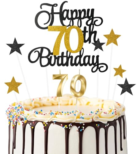 Ainiv Happy 70th Birthday Cake Toppers, Number 70 Candle for Cakes | Black Gold Decorations for Women Men 70th Birthday Party, Black Gold Star Cake Topper for Cupcake Desserts Pastries