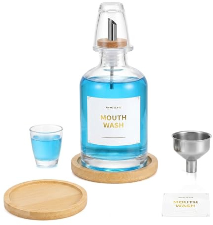 Dispensador de Enjuague Bucal de Vidrio para Baño, 350ml con Vaso, Embudo de Acero y Bandeja de Bambú, Alternativa a Dispensador Jabon Automatico