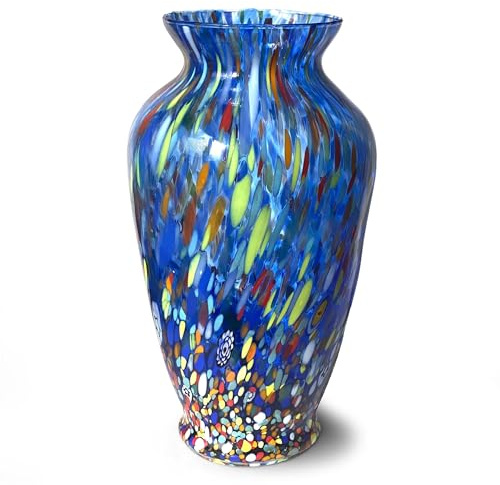 MAZZEGA ART & DESIGN - Vaso in Vetro Soffiato stile CLASSIC Lavorato a Mano con Murrine di Murano, linea “I Colori di Murano” h. 30 cm. Made in Italy (ANFORA BLU)