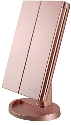deweisn Dresser Mount Tri-Fold Lighted Vanity Mirror with 21 LED Lights, Touch Screen and 3X/2X/1X Magnification, Two Power Supply Modes Make Up Mirror,Travel Mirror